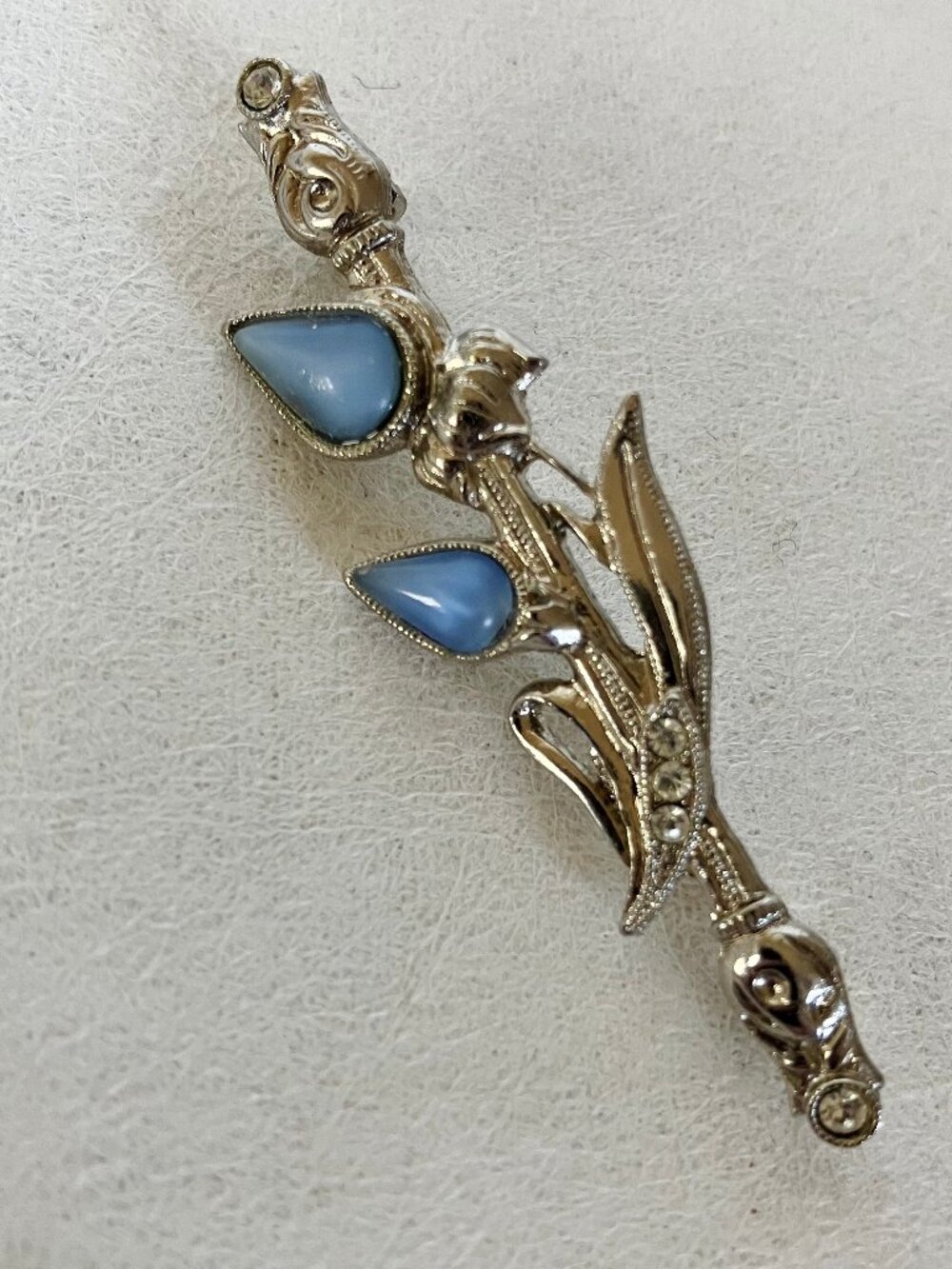 Blue Gemstone Pin Brooch Floral Leaf Crystal Clear Rhinestone Silver Tone Metal